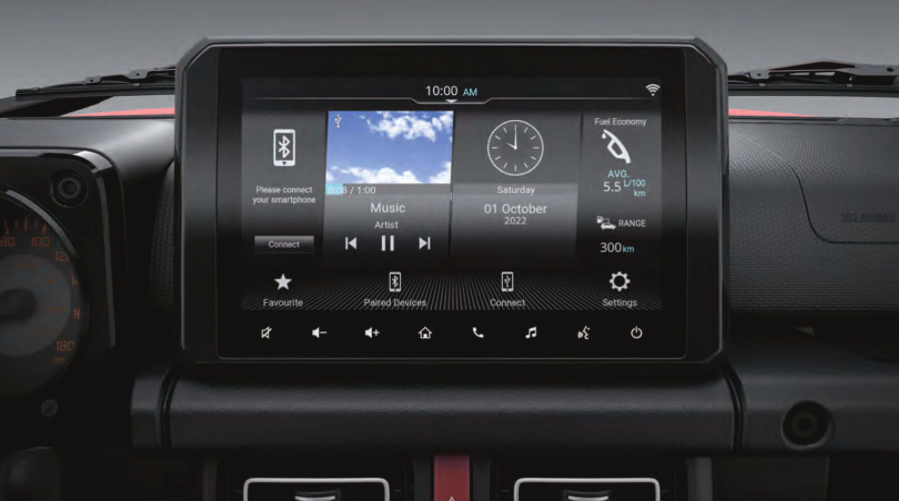 Close up of infotainment screen in a Suzuki Jimny 5-Doo